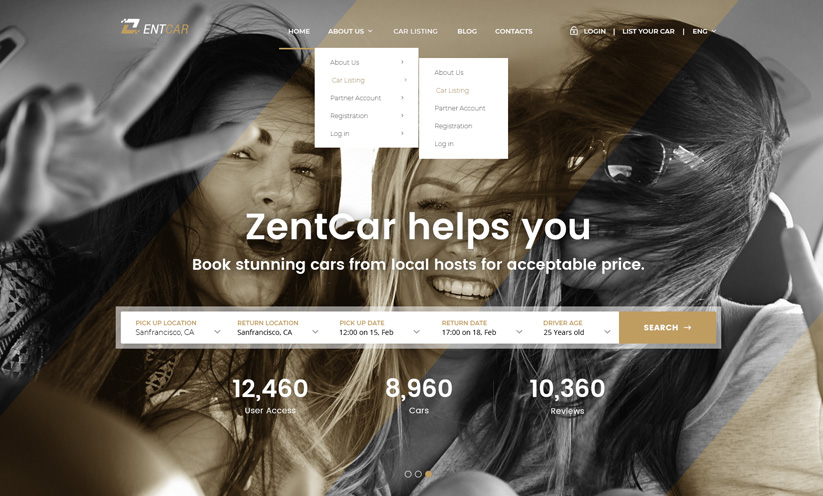 ZentCar Rent a Car Bootstrap template ID:300111952
